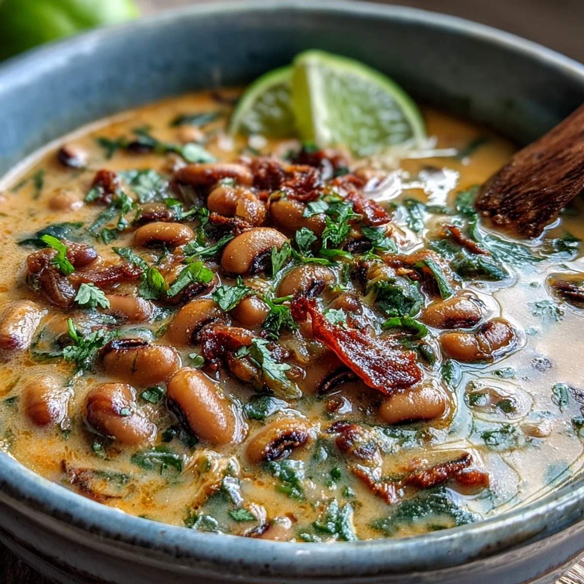 Creamy Black-Eyed Pea Curry simmered in coconut milk, garnished with fresh cilantro and served alongside fluffy basmati rice.