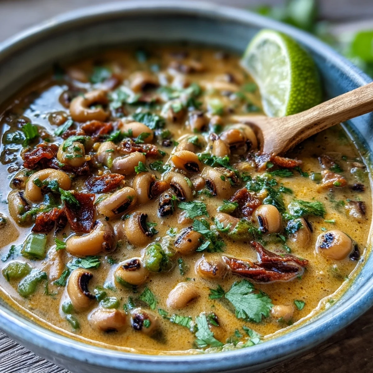 Spiced Black-Eyed Pea Curry bubbling in a pot, featuring warming turmeric, cumin, and tender green peas.