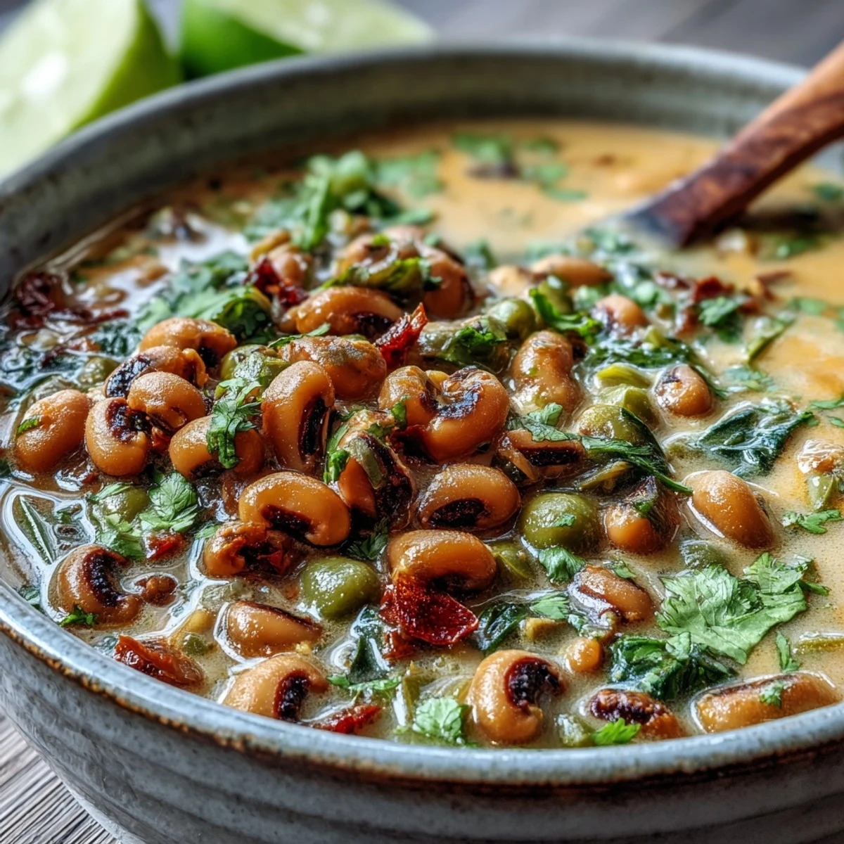 A vibrant bowl of Black-Eyed Pea Curry topped with lime wedges and cilantro, perfect for a vegan dinner.