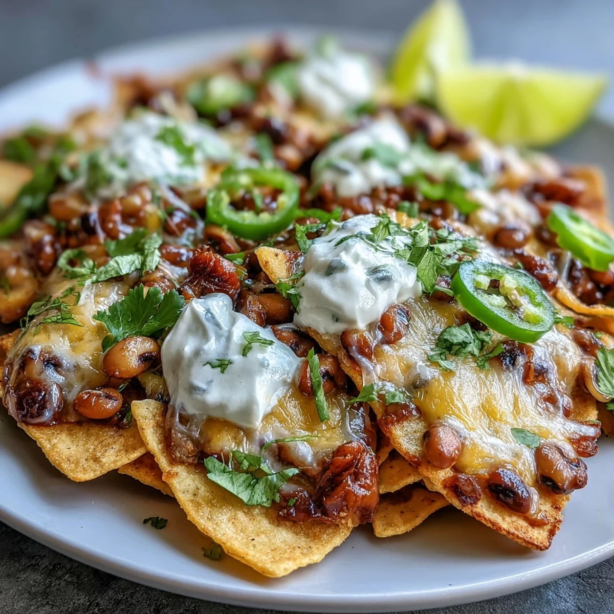 Hot, melted cheddar cheese blankets crispy tortilla chips and black-eyed peas, topped with fresh jalapeños and sour cream.