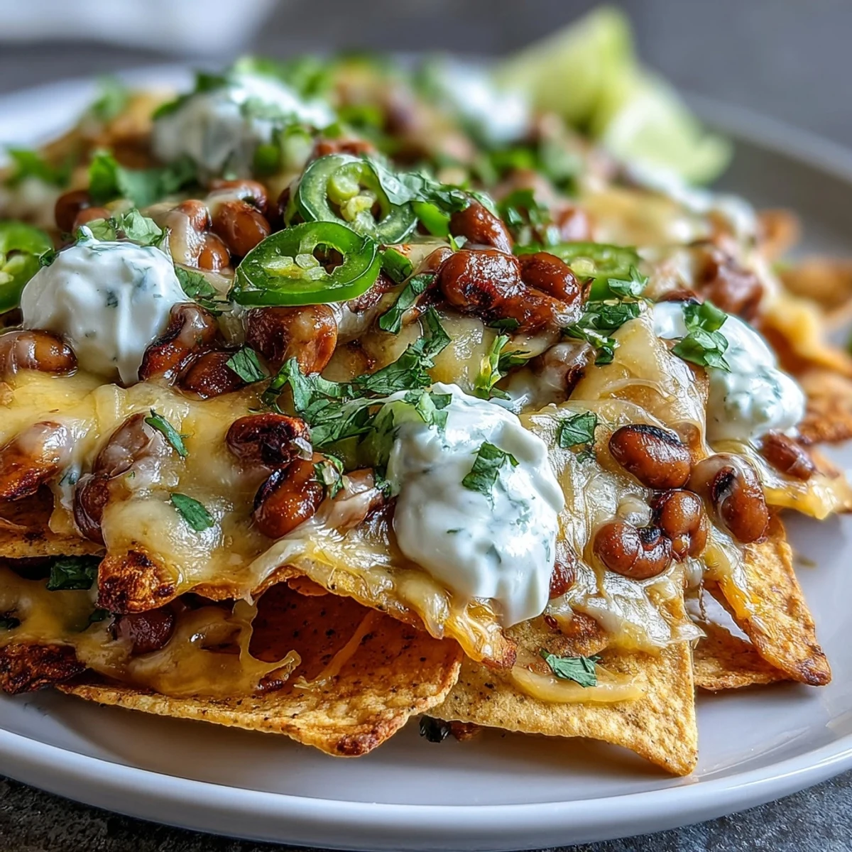 Golden-baked Black-Eyed Pea Nachos on a platter, garnished with cilantro, diced tomatoes, and scallions for a festive appetizer.