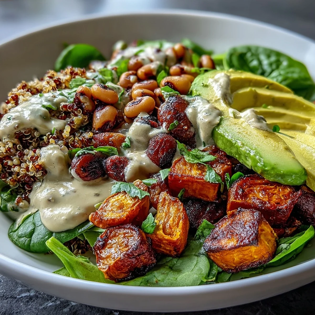 Warm roasted vegetables and black-eyed peas are spooned over quinoa in a Black-Eyed Pea Buddha Bowl. 