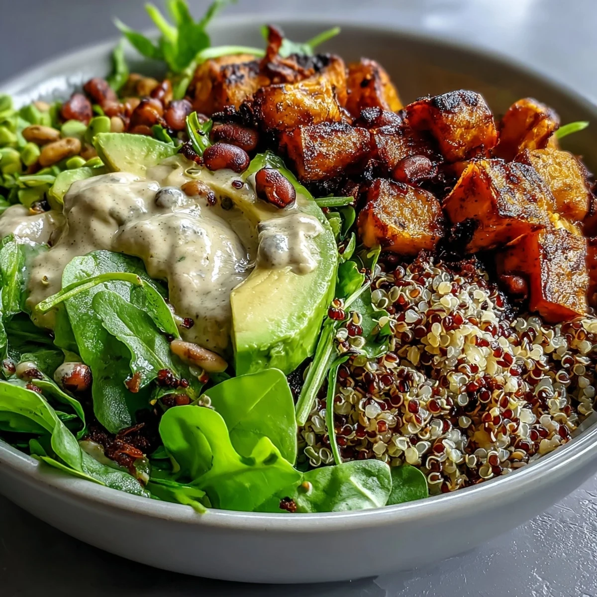 Colorful Black-Eyed Pea Buddha Bowl topped with spinach, fresh herbs, and golden sweet potato chunks.