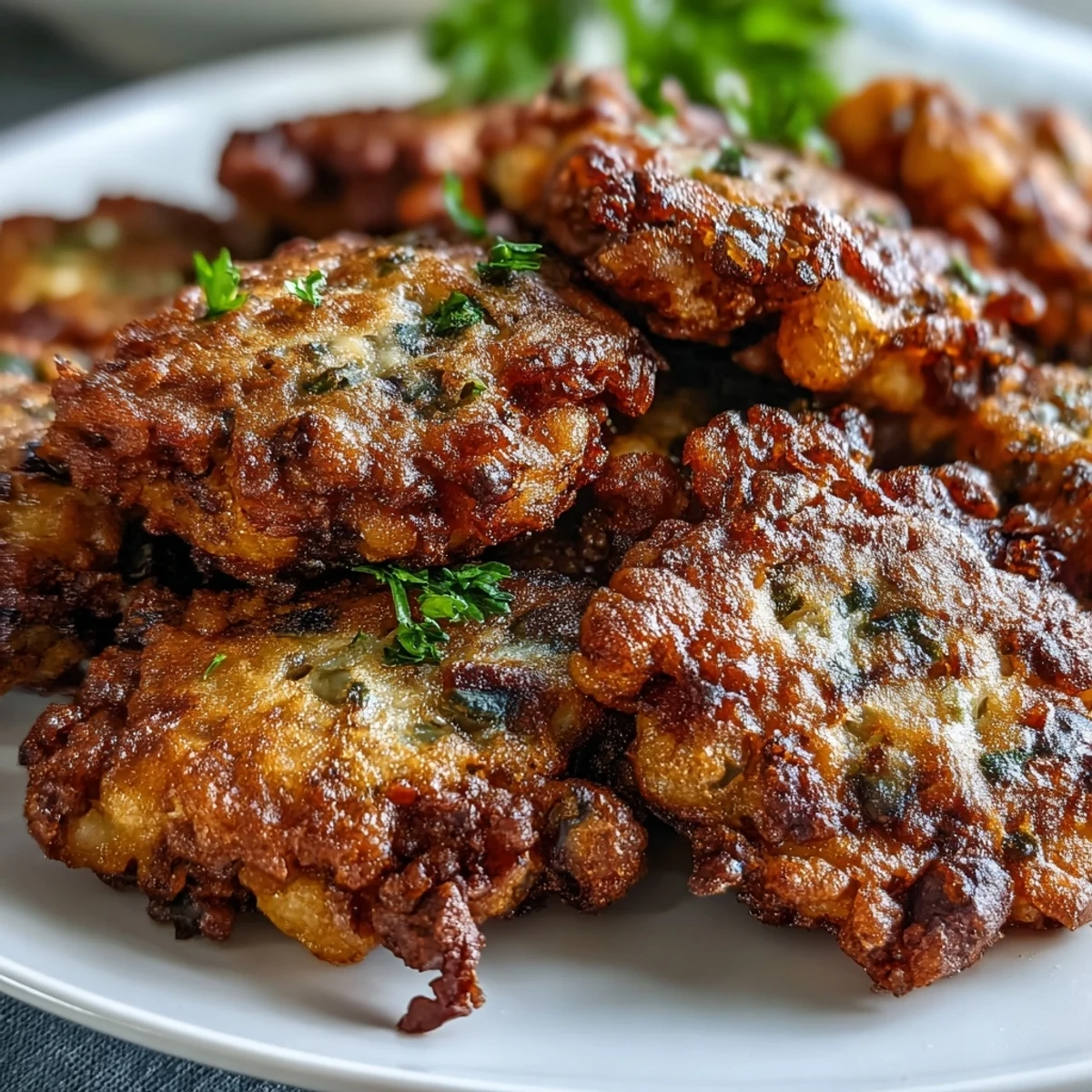 Crispy Black-Eyed Pea Fritters sizzling in a skillet with chopped onions and fresh herbs nearby. 
