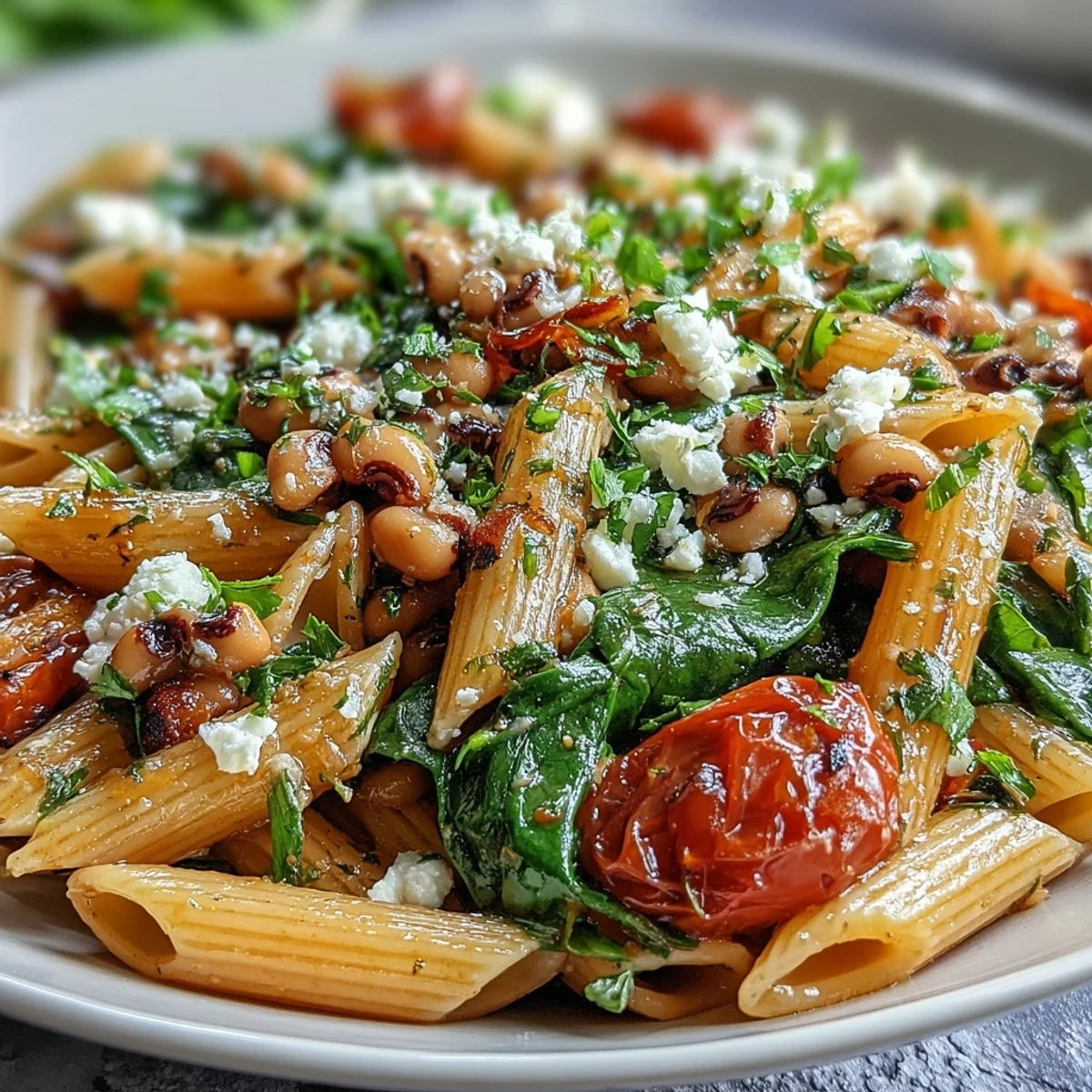 Garlic, onions, and olive oil sizzle in a skillet for this Black-Eyed Pea Pasta.