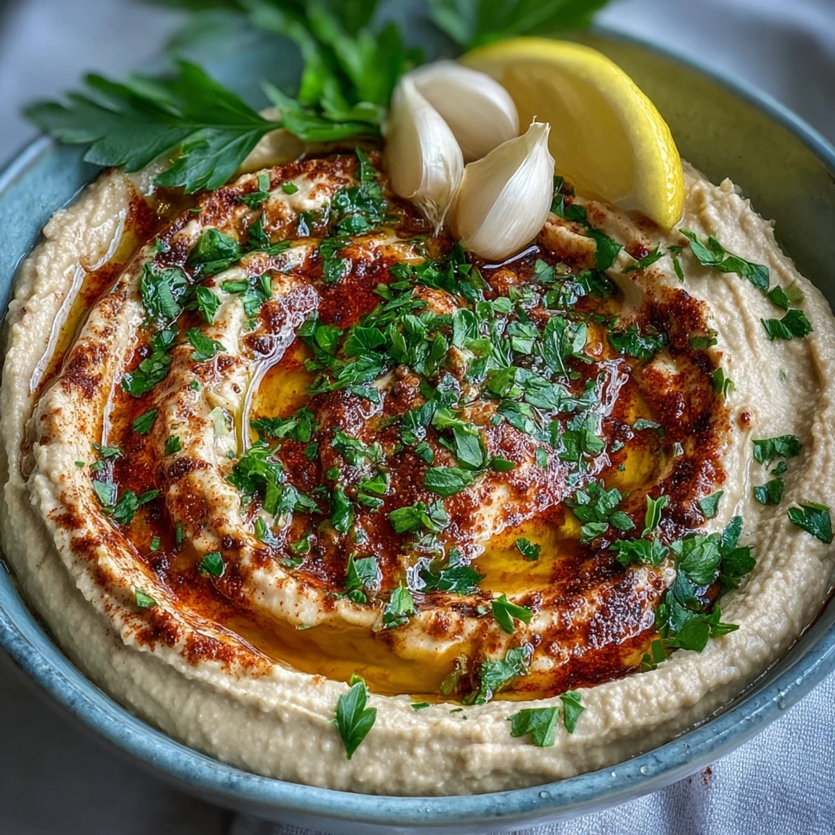 Creamy Black-Eyed Pea Hummus topped with olive oil and paprika, served with fresh veggies and warm pita bread.