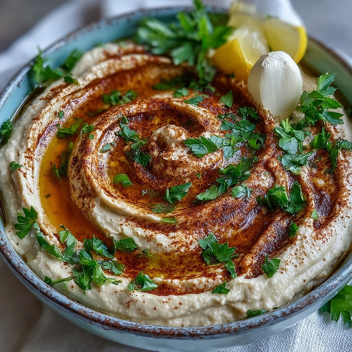 Smooth homemade Black-Eyed Pea Hummus in a serving bowl, drizzled with olive oil and sprinkled with smoked paprika.