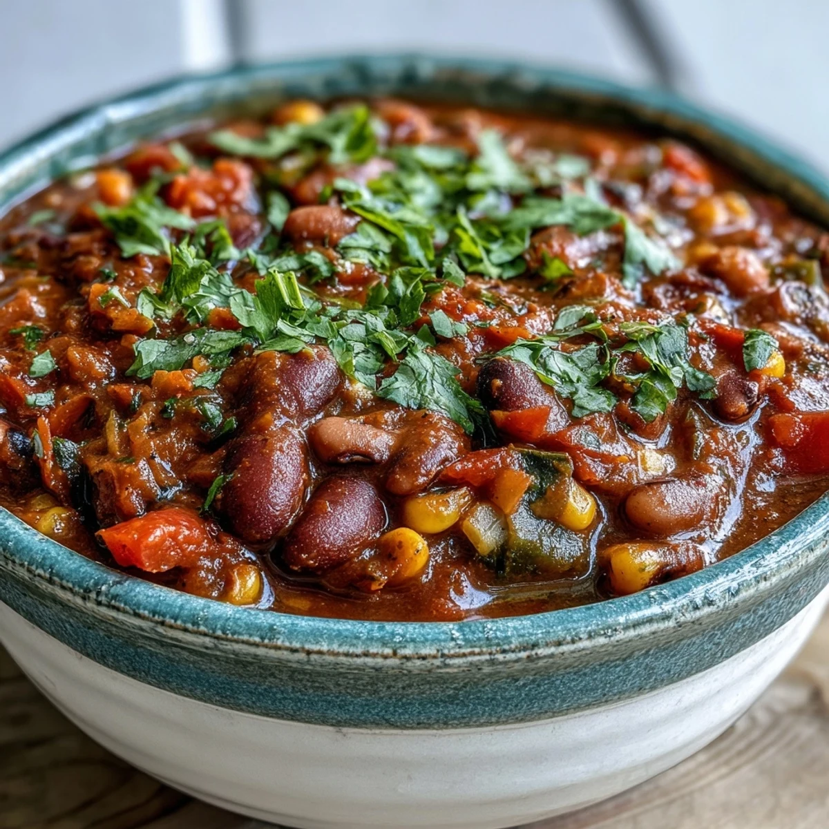 A bowl of Black-Eyed Pea Chili topped with sour cream and cilantro, perfect for a hearty vegetarian meal.