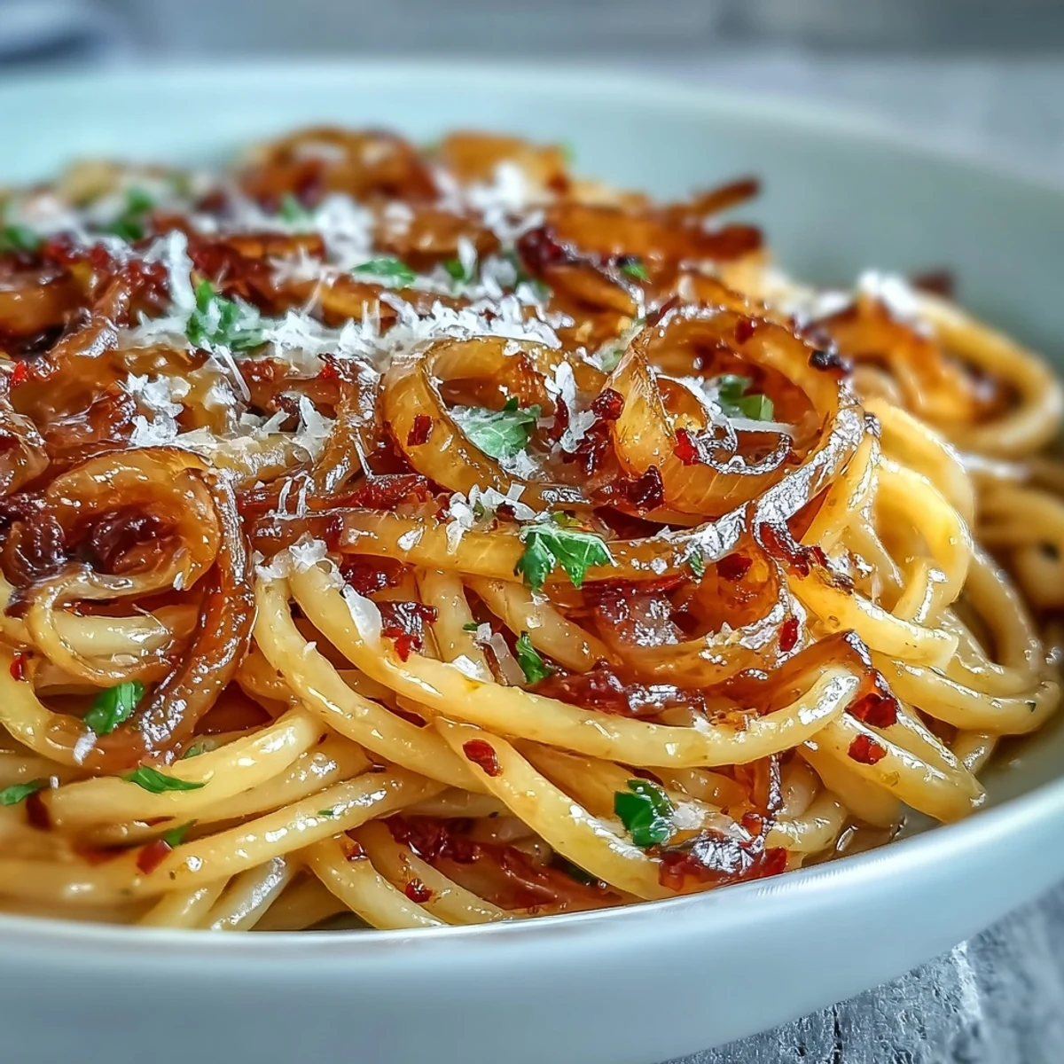 Steaming plate of Caramelized Onion Pasta with Chili Oil, featuring deeply golden onions, red chili flakes, and grated Parmesan, served as a bold and comforting meal.