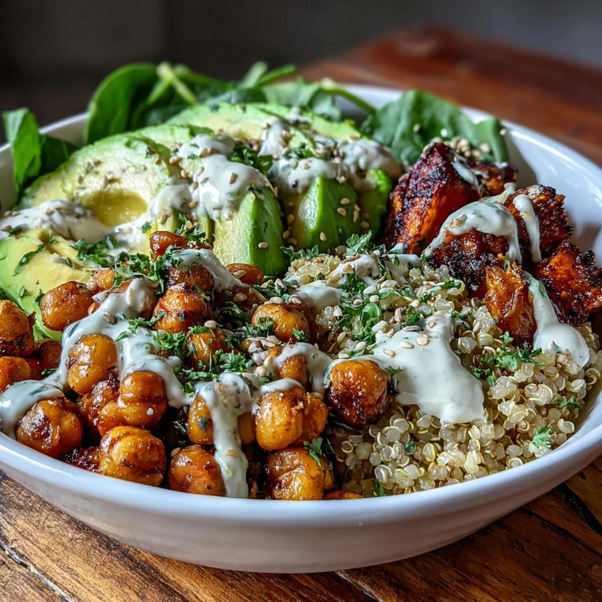 A vibrant Anti-Inflammatory Glow Bowl with Tahini Yogurt features fresh avocado and baby spinach, perfect for a nourishing vegetarian dinner.
