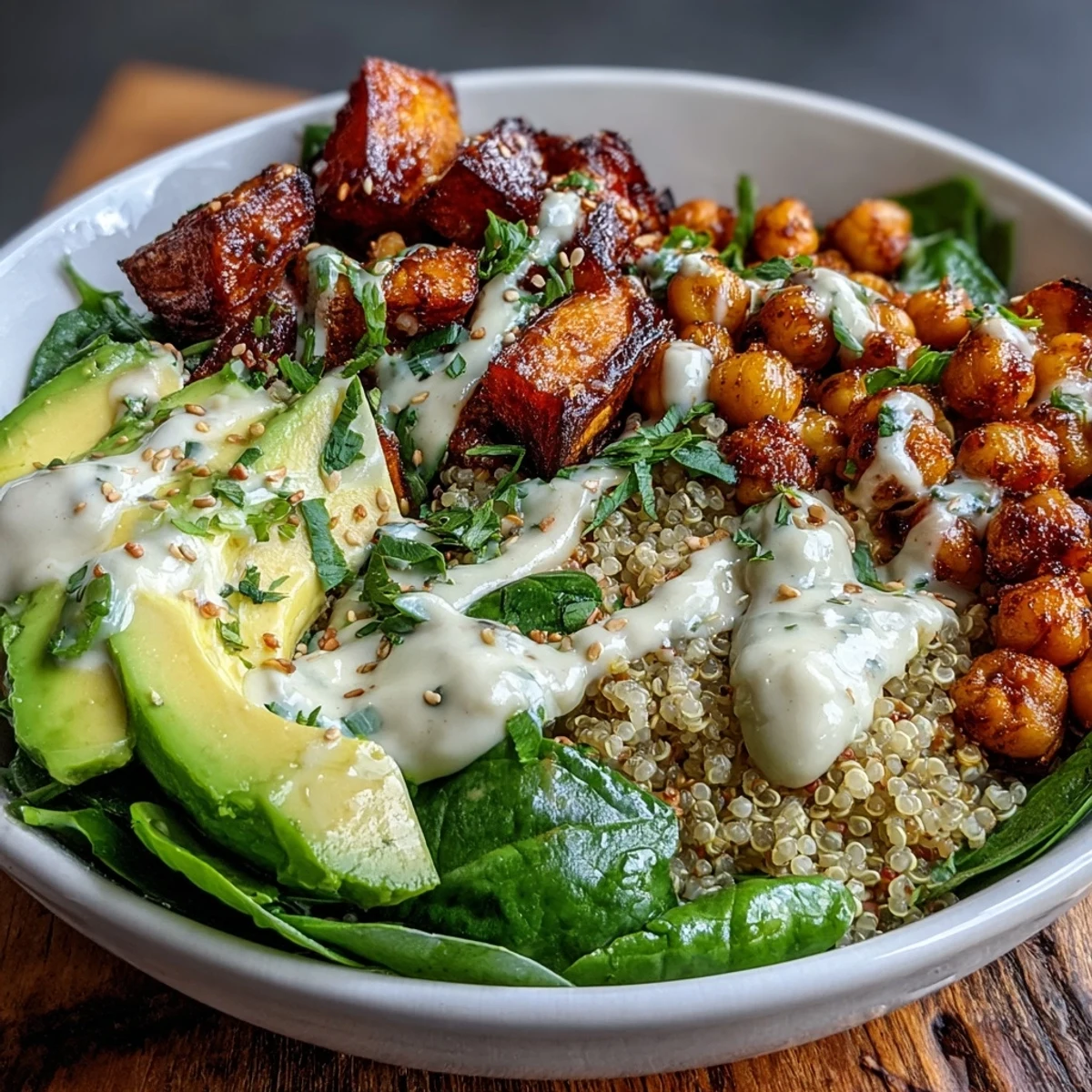 Roasted sweet potatoes and crispy turmeric chickpeas top fluffy quinoa in the Anti-Inflammatory Glow Bowl with Tahini Yogurt, drizzled with creamy sauce.