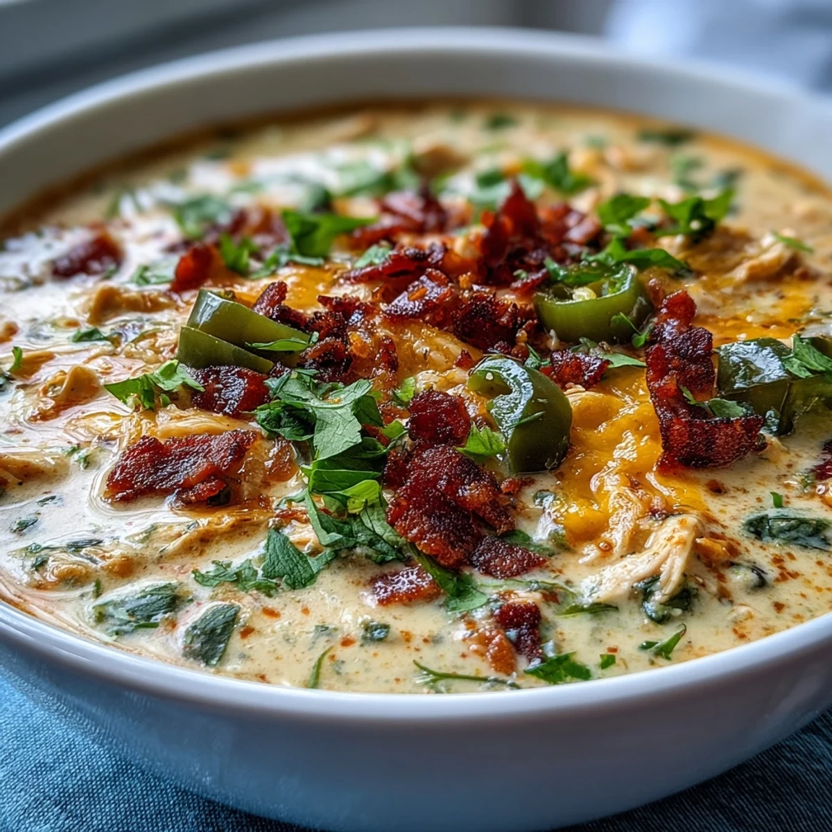 Steam rises from a ladle of Spicy Jalapeño Popper Chicken Soup with melted cheddar cheese.