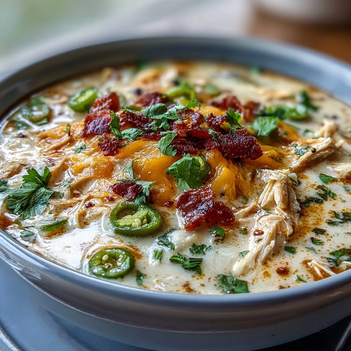 A comforting bowl of Spicy Jalapeño Popper Chicken Soup served with crusty bread for dipping.