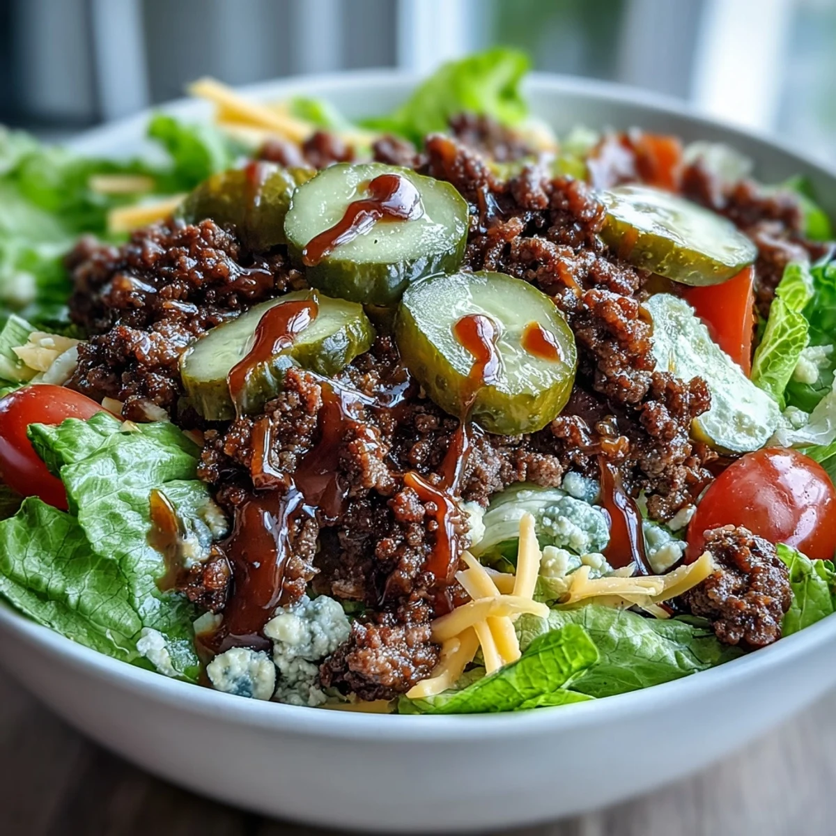 Freshly ground beef seasoned with onion powder is piled on crisp romaine lettuce in these High-Protein Cheeseburger Bowls, topped with shredded cheddar and pickles.