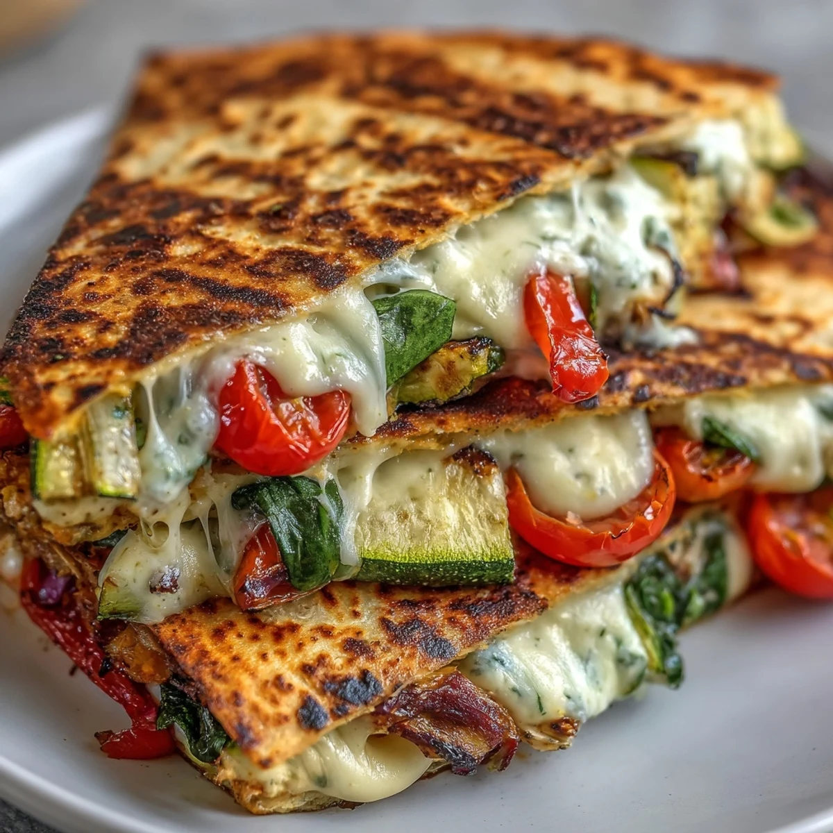 Grilled Mediterranean Veggie Quesadillas with melted feta and mozzarella on a rustic plate.