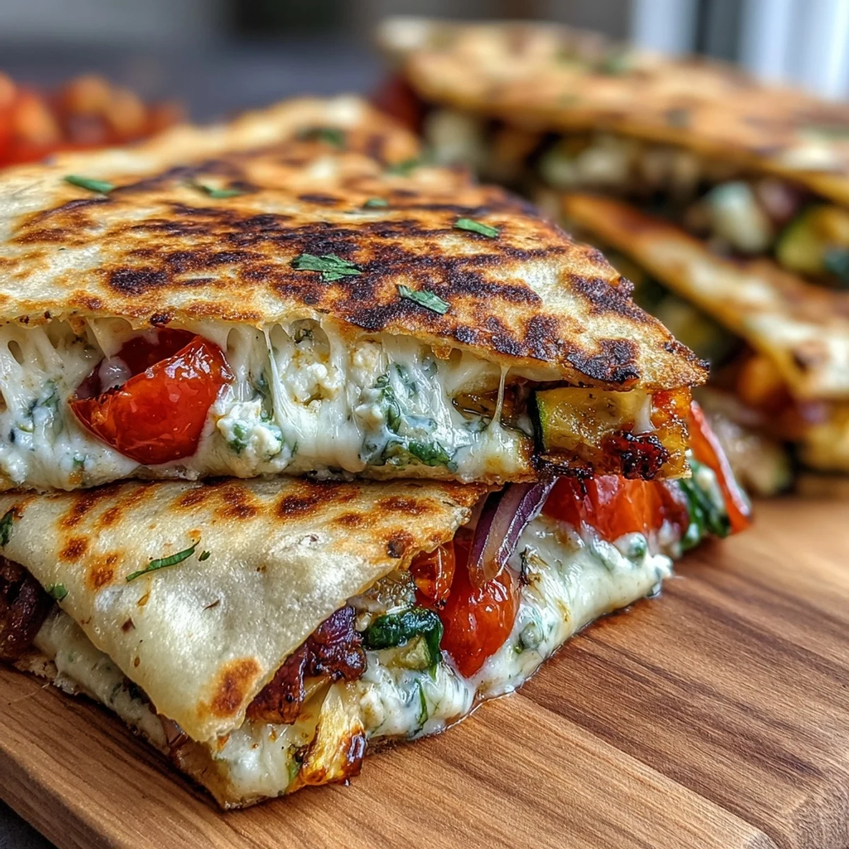 Serving suggestion for Grilled Mediterranean Veggie Quesadillas with a side of hummus.