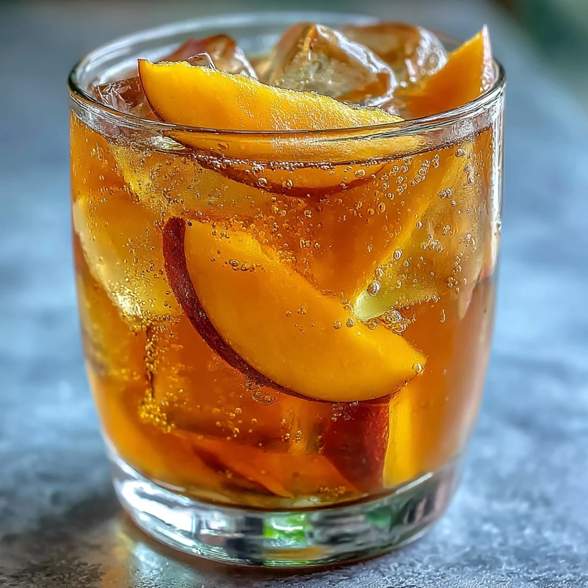 A tall glass of Mango Iced Tea filled with ice, garnished with a fresh mango slice and mint leaves.