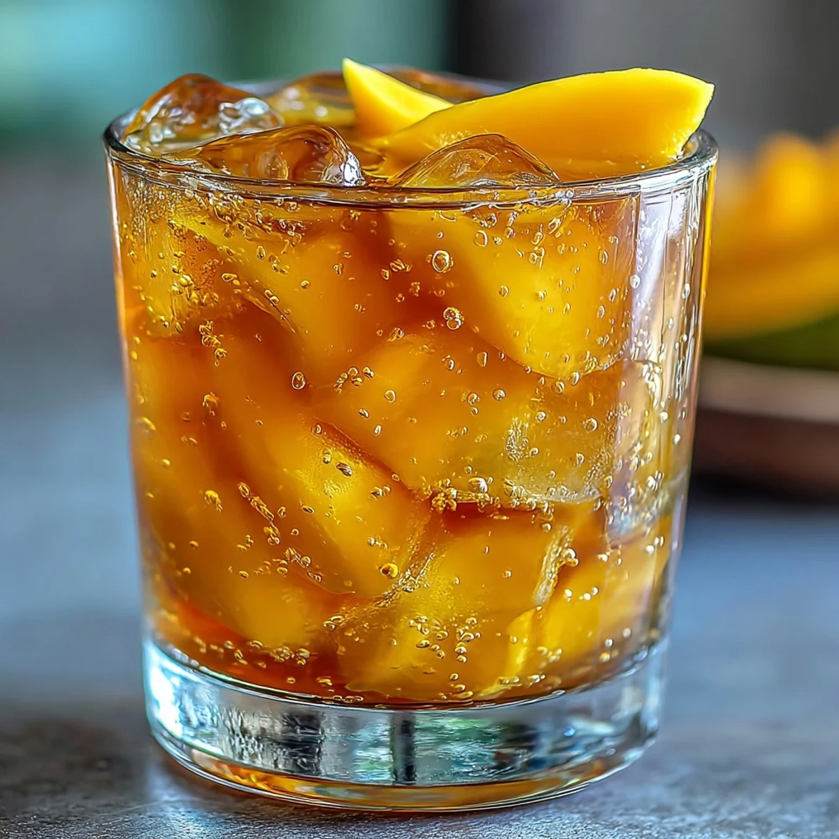Homemade Mango Iced Tea in a pitcher with a tea bag, fresh mango, and honey nearby.