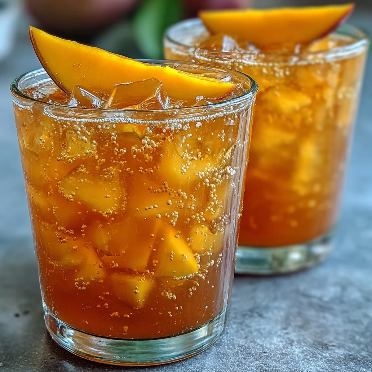 Refreshing Mango Iced Tea poured over ice in a clear glass, perfect for a hot summer day.