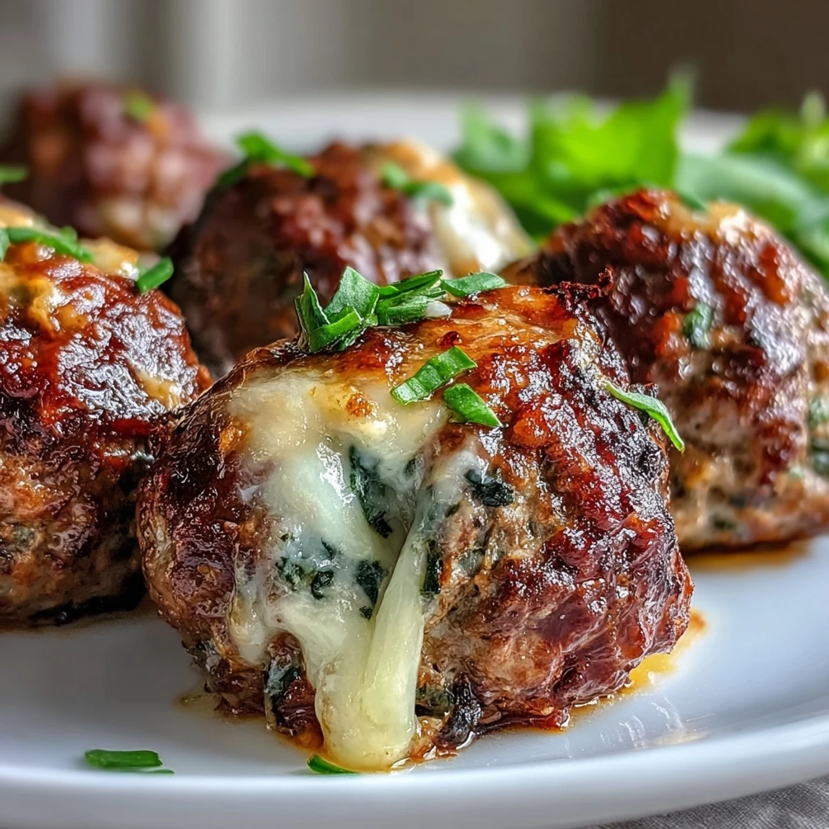 Golden-brown spinach garlic meatballs with melted mozzarella centers, served over spaghetti and topped with fresh parsley.