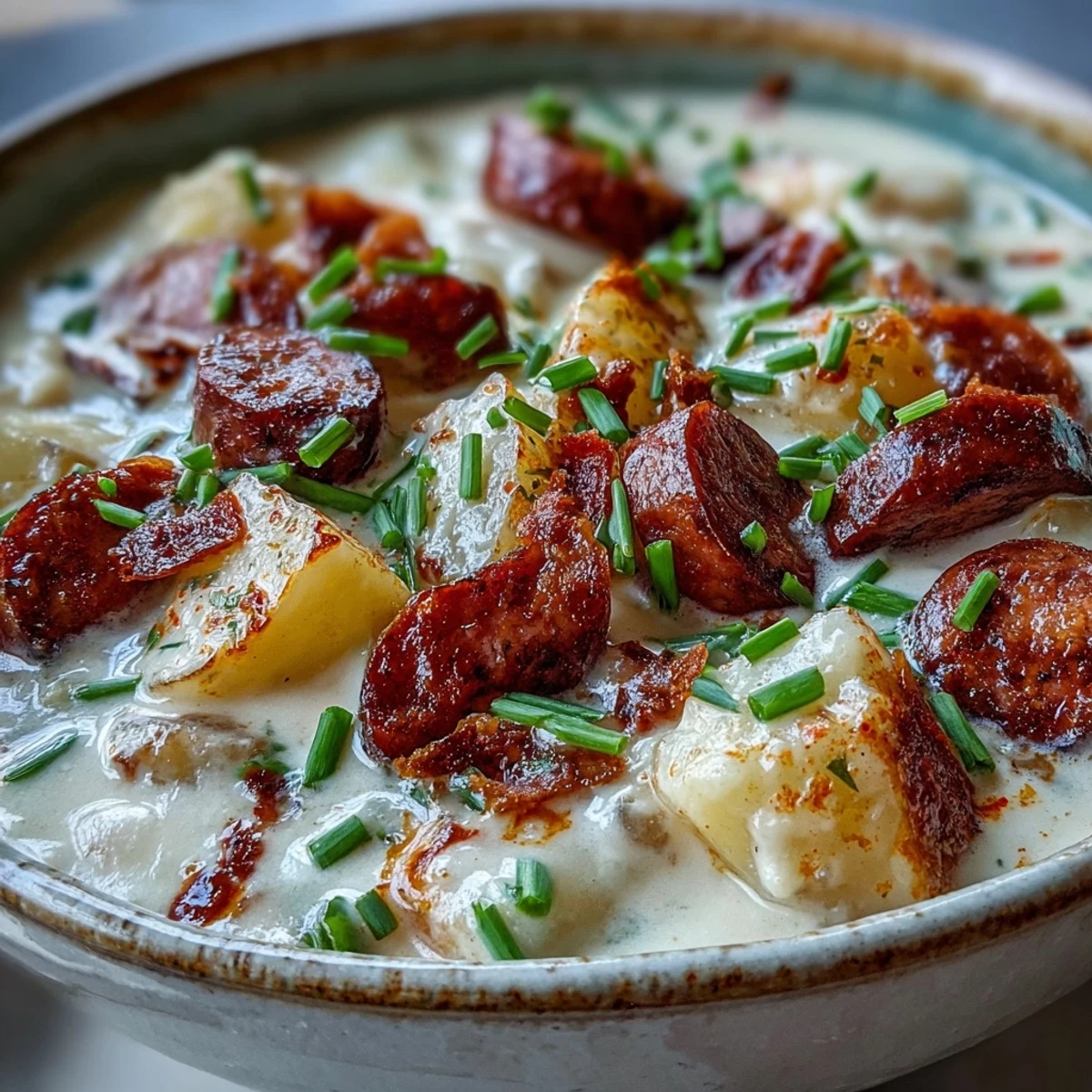 Spoon diving into Creamy Cajun Potato Soup with Andouille Sausage, revealing tender potatoes and smoky sausage in a creamy broth.