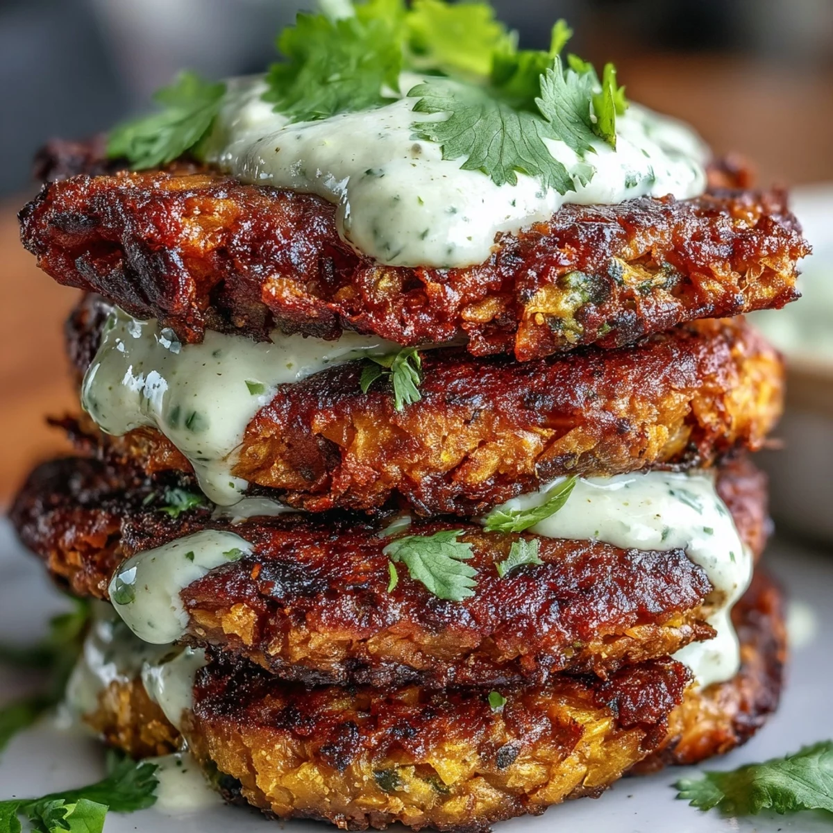 These Crispy Sweet Potato & Red Lentil Patties are garnished with fresh cilantro and lime wedges for serving.