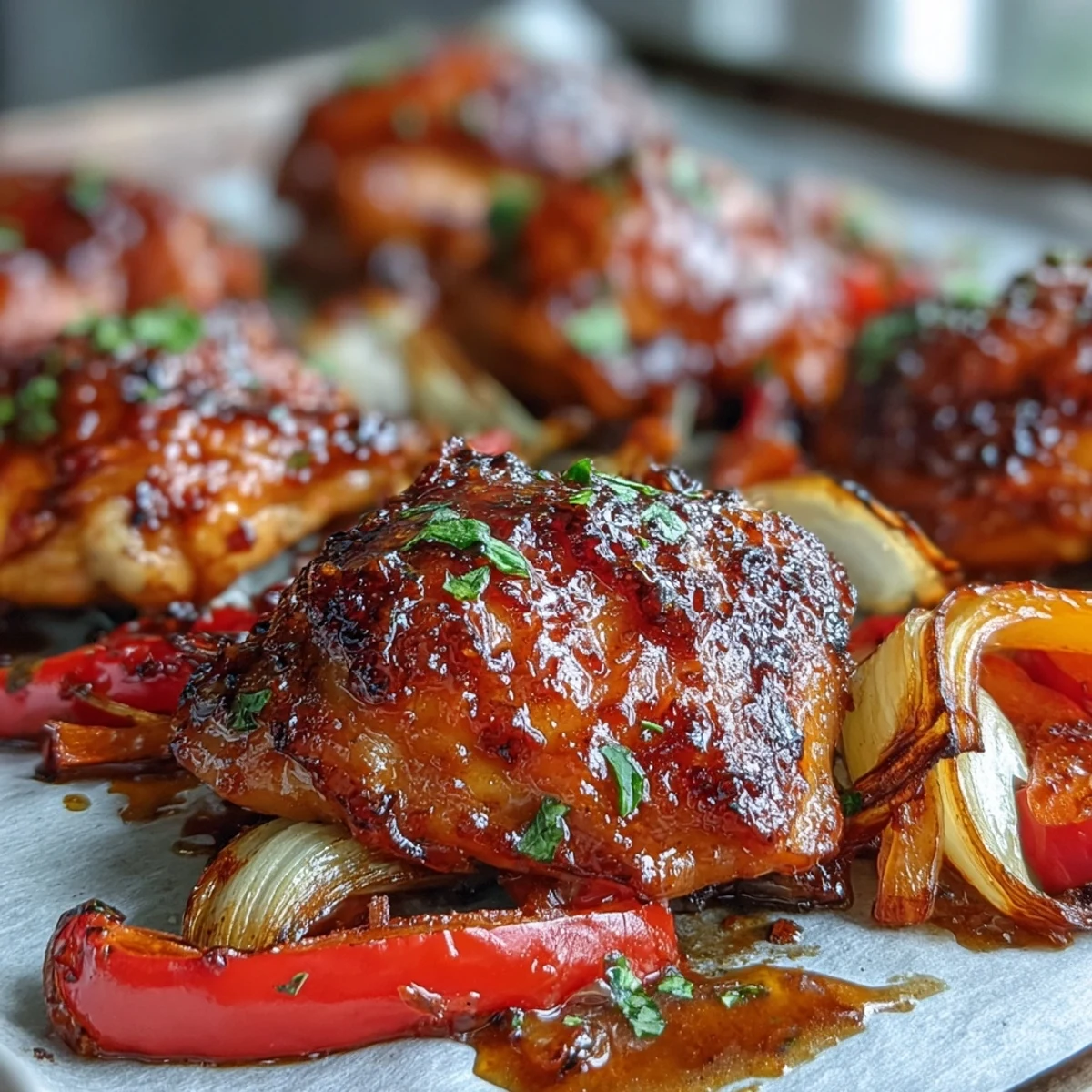 A close-up of glazed Sheet Pan Honey Garlic Chicken beside golden naan, garnished with cilantro and lemon wedges on a rustic platter.