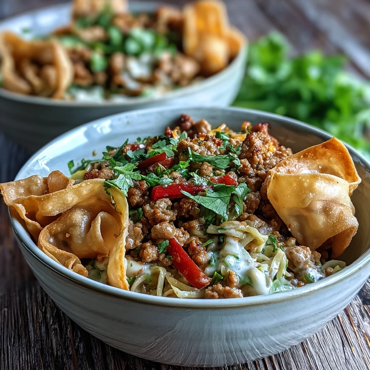 Ranch Turkey & Veggie Egg Roll Bowls topped with crispy wonton strips, fresh green onions, and cilantro.