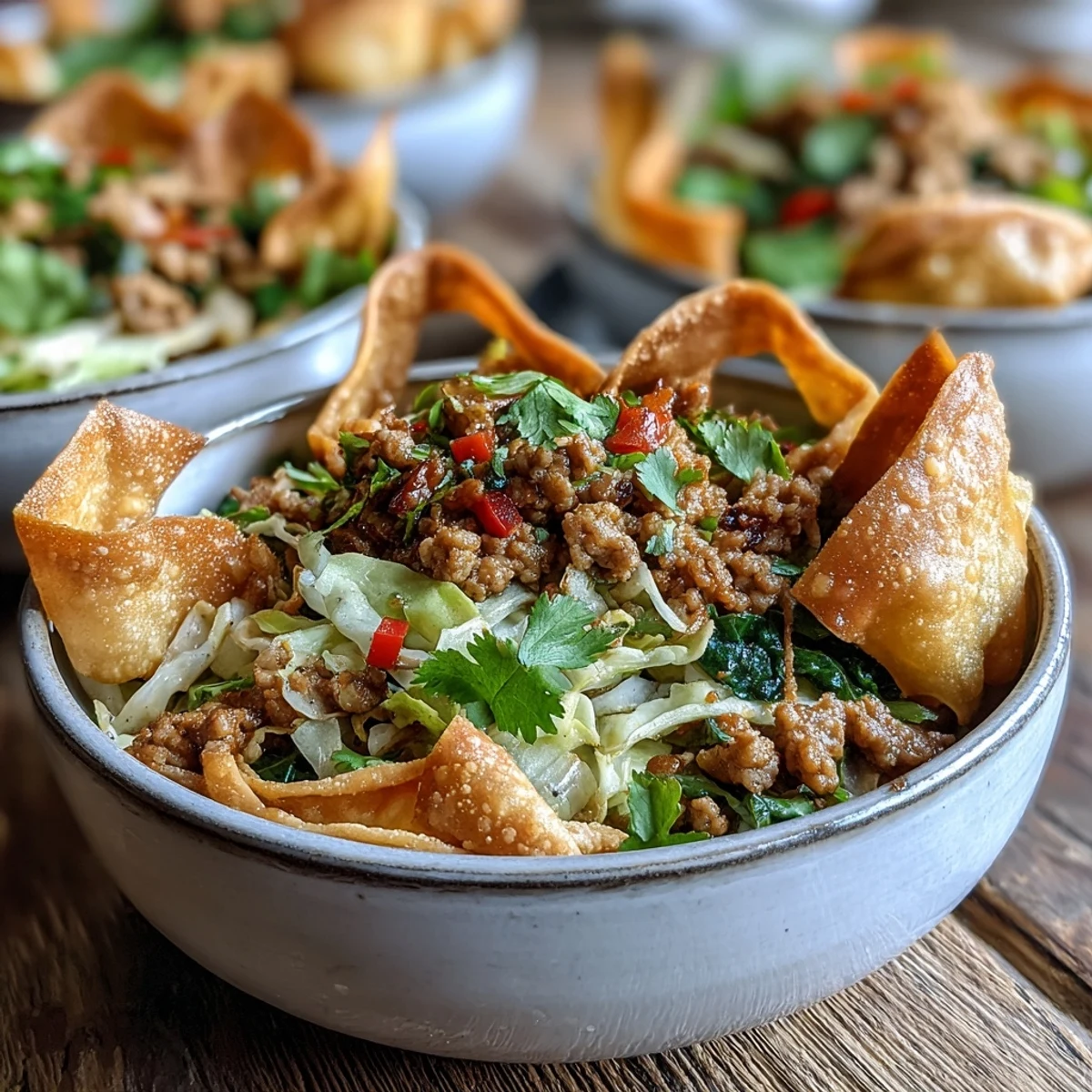 A skillet of Ranch Turkey & Veggie Egg Roll Bowls next to soy sauce, sriracha, and a glass of Sauvignon Blanc.