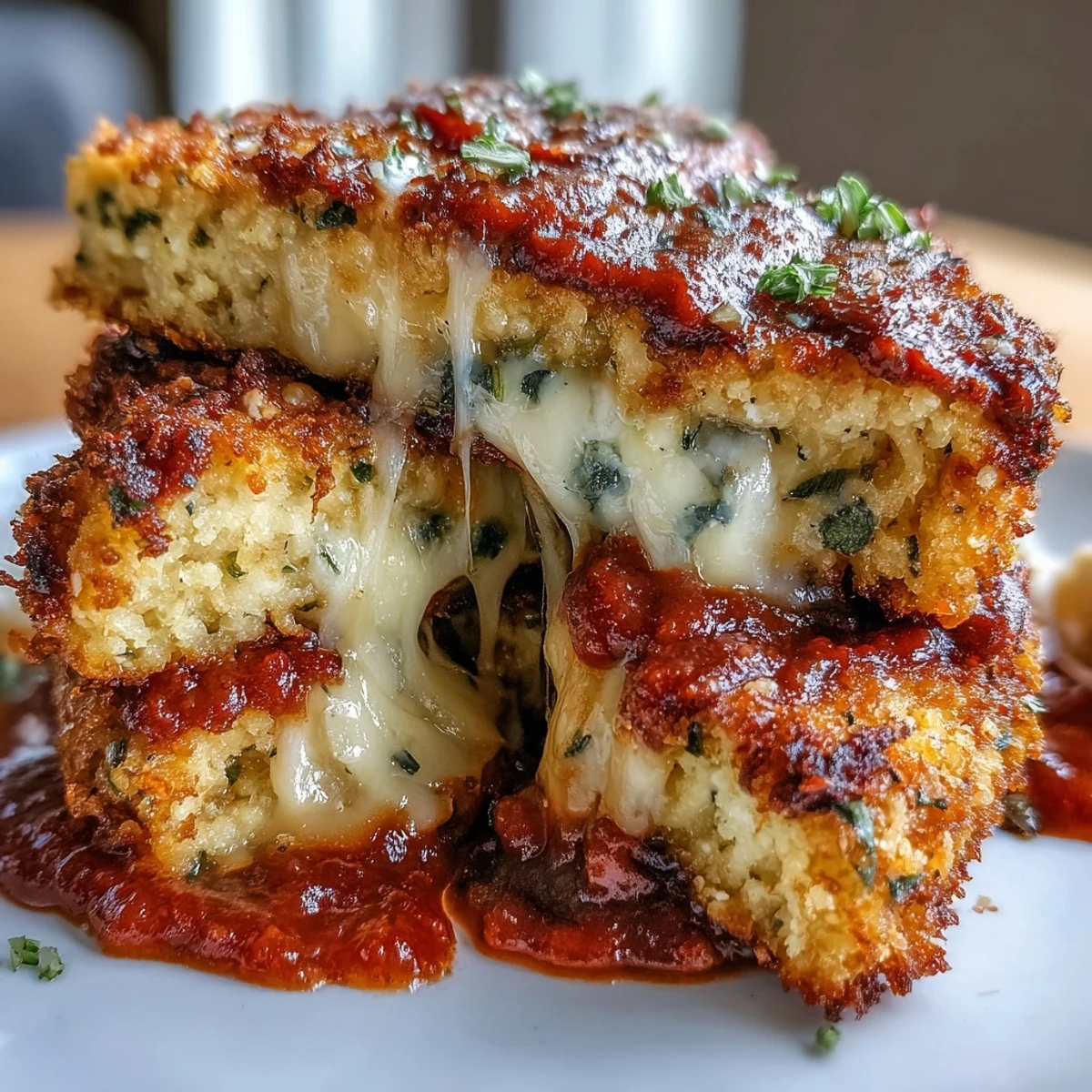 Crispy Tofu Chicken Parm Bakes fresh from the oven, featuring golden-brown, Asiago-crusted slabs generously layered with rich marinara and melted mozzarella, bubbling and stringy for the perfect vegetarian weeknight dinner.