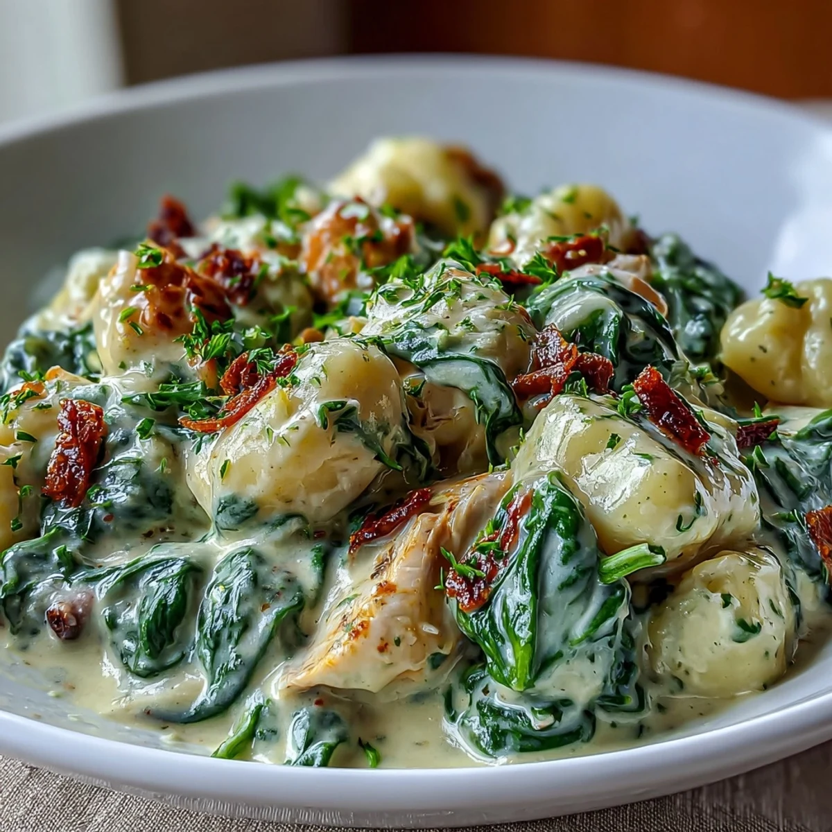 Creamy Spinach & Parmesan Gnocchi with Chicken served warm with extra grated cheese and fresh spinach leaves.