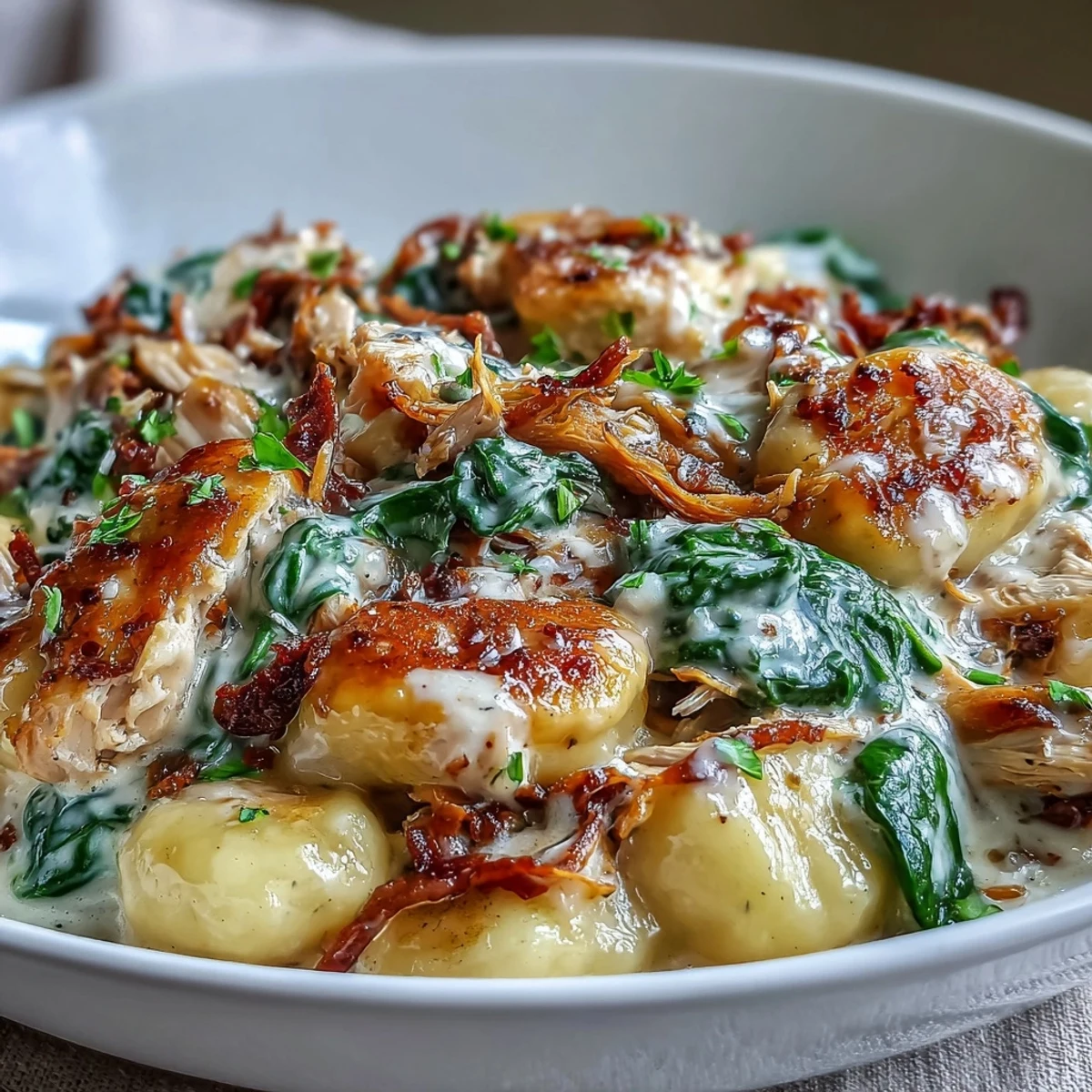 Steam rises from a plate of Creamy Spinach & Parmesan Gnocchi with Chicken, ready for dinner.
