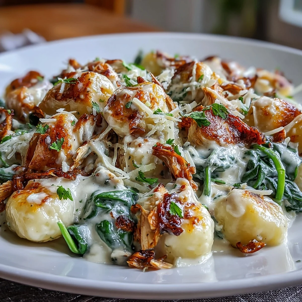 Juicy shredded chicken and tender gnocchi coated in a cheesy spinach sauce, garnished with fresh parsley.