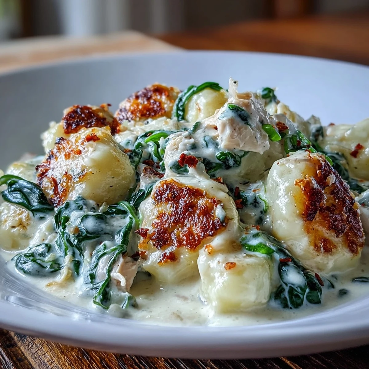 Savory Creamy Spinach & Parmesan Gnocchi with Chicken plated with a side salad for a comforting dinner.