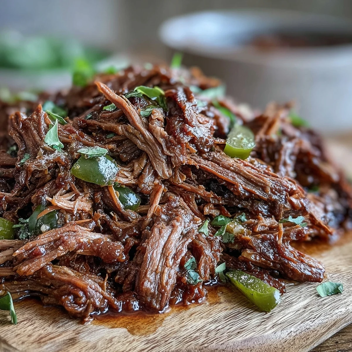 Slow-cooked Slow Cooker Mississippi-Style Ranch Beef shredded and dripping with savory juices, ready for a sandwich.