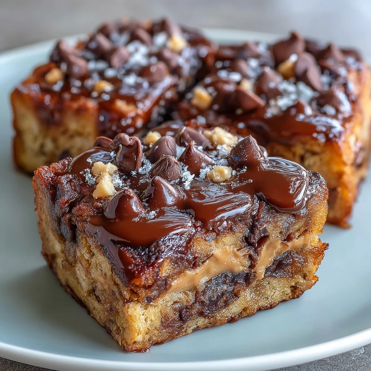 A close-up of High-Protein Peanut Butter & Chocolate Baked French Toast, showcasing a moist, fudgy texture and melted chocolate chips on top, ready to serve.