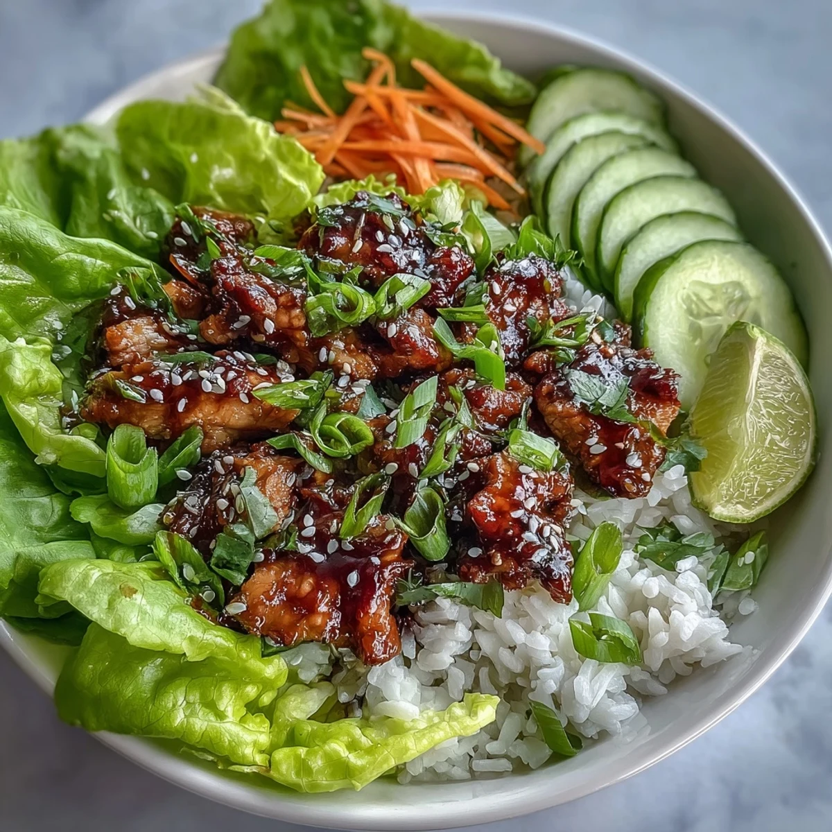 Freshly cooked Sesame Turkey Lettuce Wrap Bowls layered with fluffy rice, crisp lettuce, and cool cucumber ribbons on a ceramic plate.