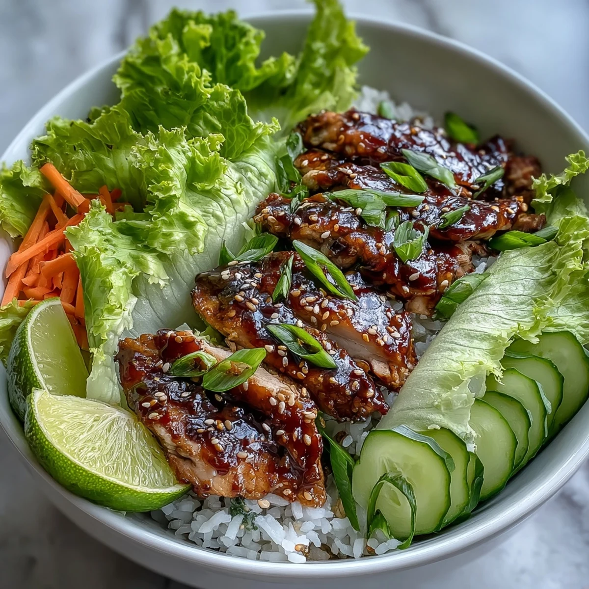 Sizzling Korean-inspired Sesame Turkey Lettuce Wrap Bowls topped with carrot matchsticks, cilantro, and a sprinkle of toasted sesame seeds.