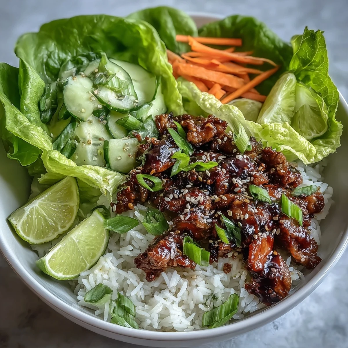 A vibrant serving of Sesame Turkey Lettuce Wrap Bowls with lime wedges and pickled radishes, ready for a healthy weeknight dinner.