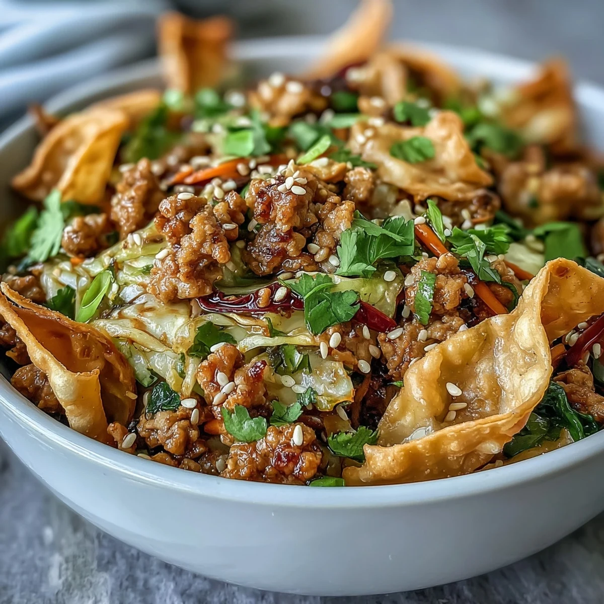 Ranch Turkey & Veggie Egg Roll Bowl topped with crispy wonton strips, fresh green onions, and sesame seeds, served steaming hot for a quick weeknight meal.