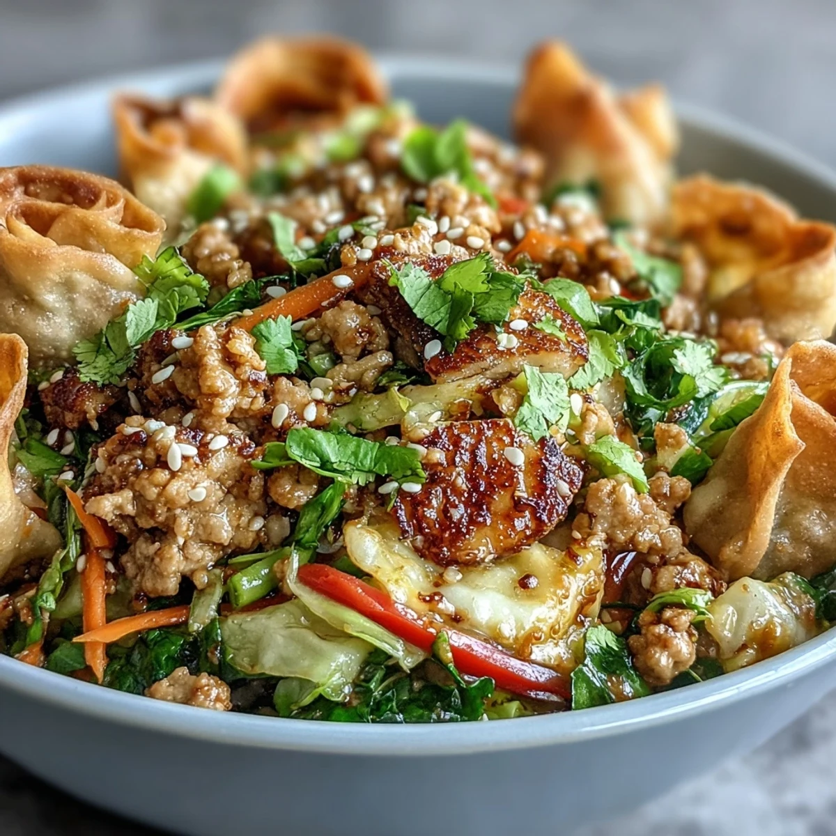 Ranch Turkey & Veggie Egg Roll Bowl features colorful stir-fried cabbage, carrots, and bell peppers tossed with savory ground turkey in a stainless steel skillet.