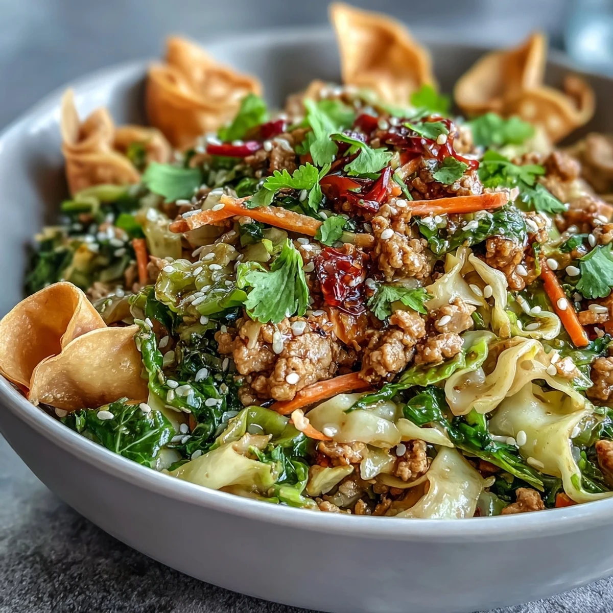 Healthy Ranch Turkey & Veggie Egg Roll Bowl garnished with fresh cilantro, paired with chopsticks ready to enjoy a flavorful, high-protein dinner.