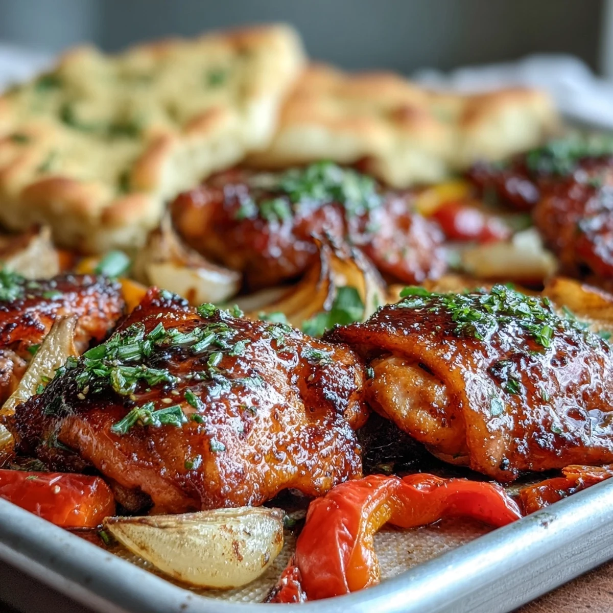 Sheet Pan Honey Garlic Chicken & Naan served hot and golden with roasted bell peppers from the single-pan meal.