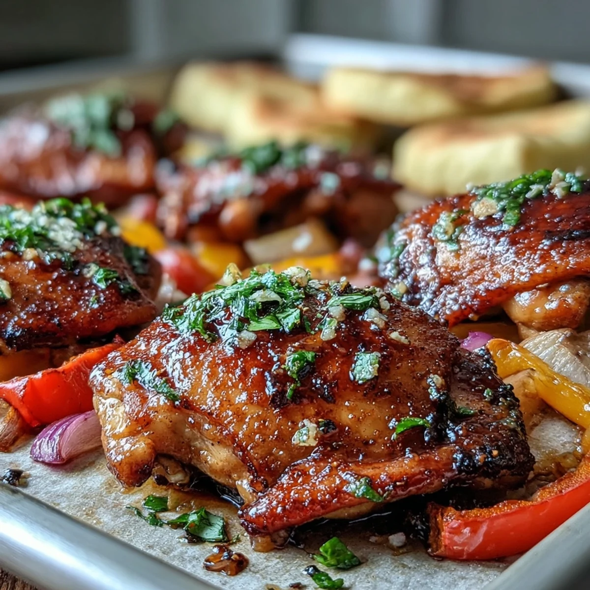 Sheet Pan Honey Garlic Chicken & Naan plated alongside colorful roasted vegetables for an easy weeknight dinner.