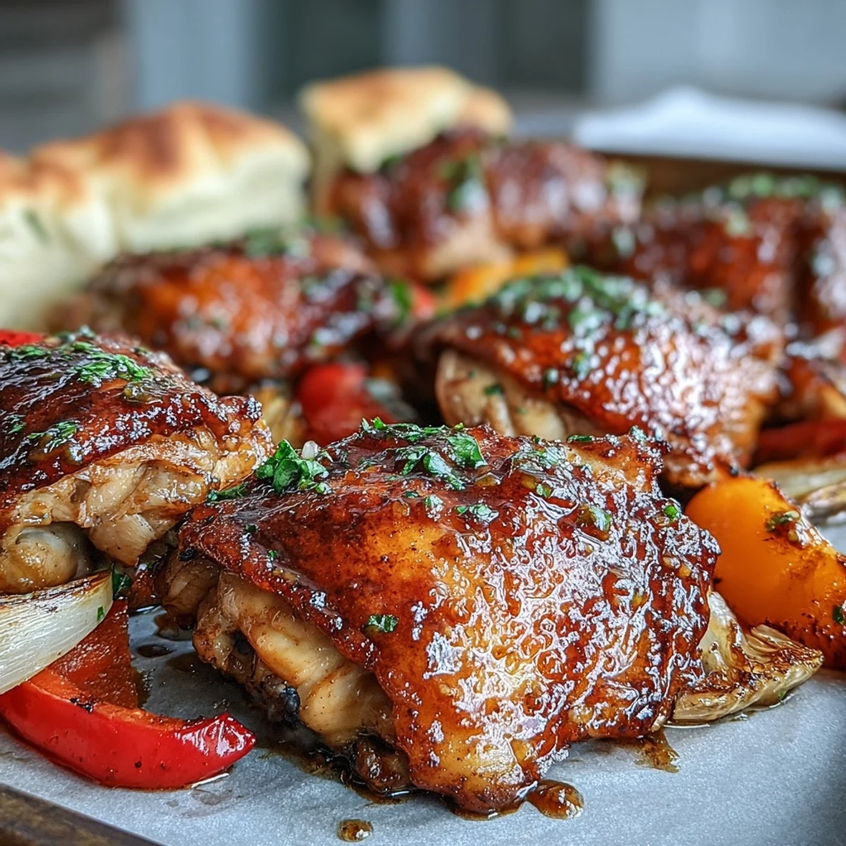 Sheet Pan Honey Garlic Chicken & Naan on a sheet pan with warm, garlic-brushed naan and fresh cilantro.