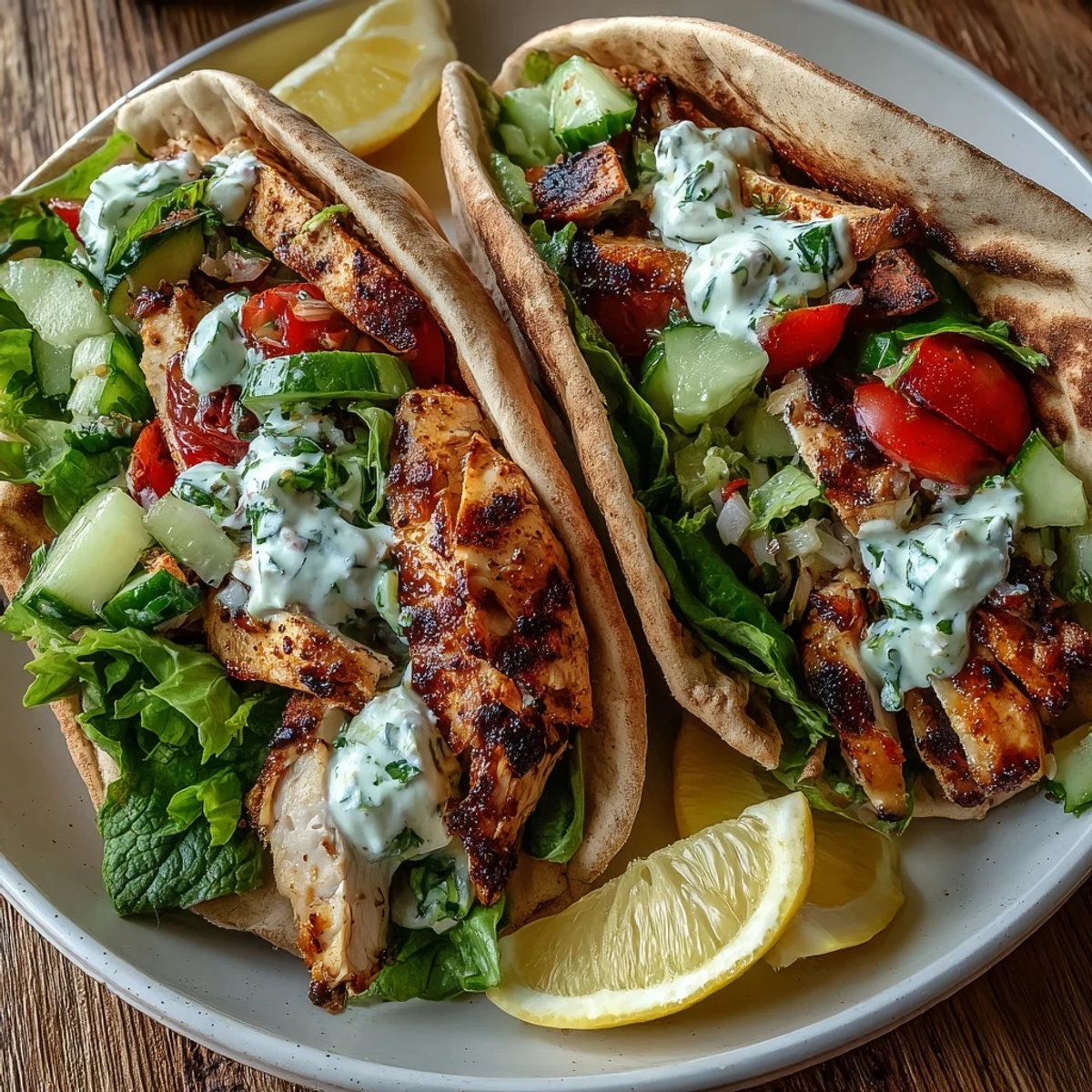Sliced Light Greek Chicken Pita Pockets stuffed with tender meat, diced veggies, and tangy yogurt on a plate.