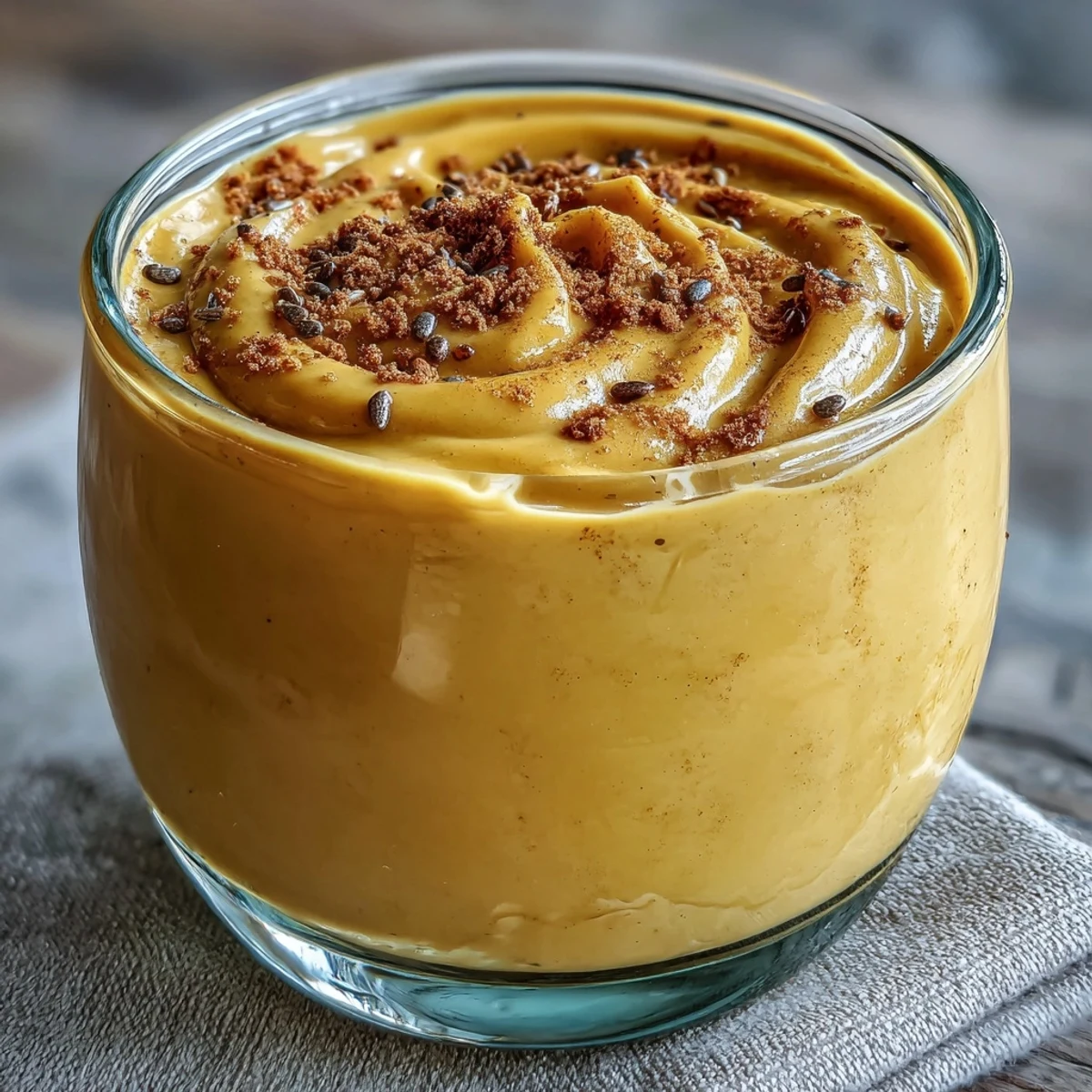 Creamy Vegan Mango Turmeric Golden Milk Smoothie in a glass garnished with cinnamon and chia seeds.