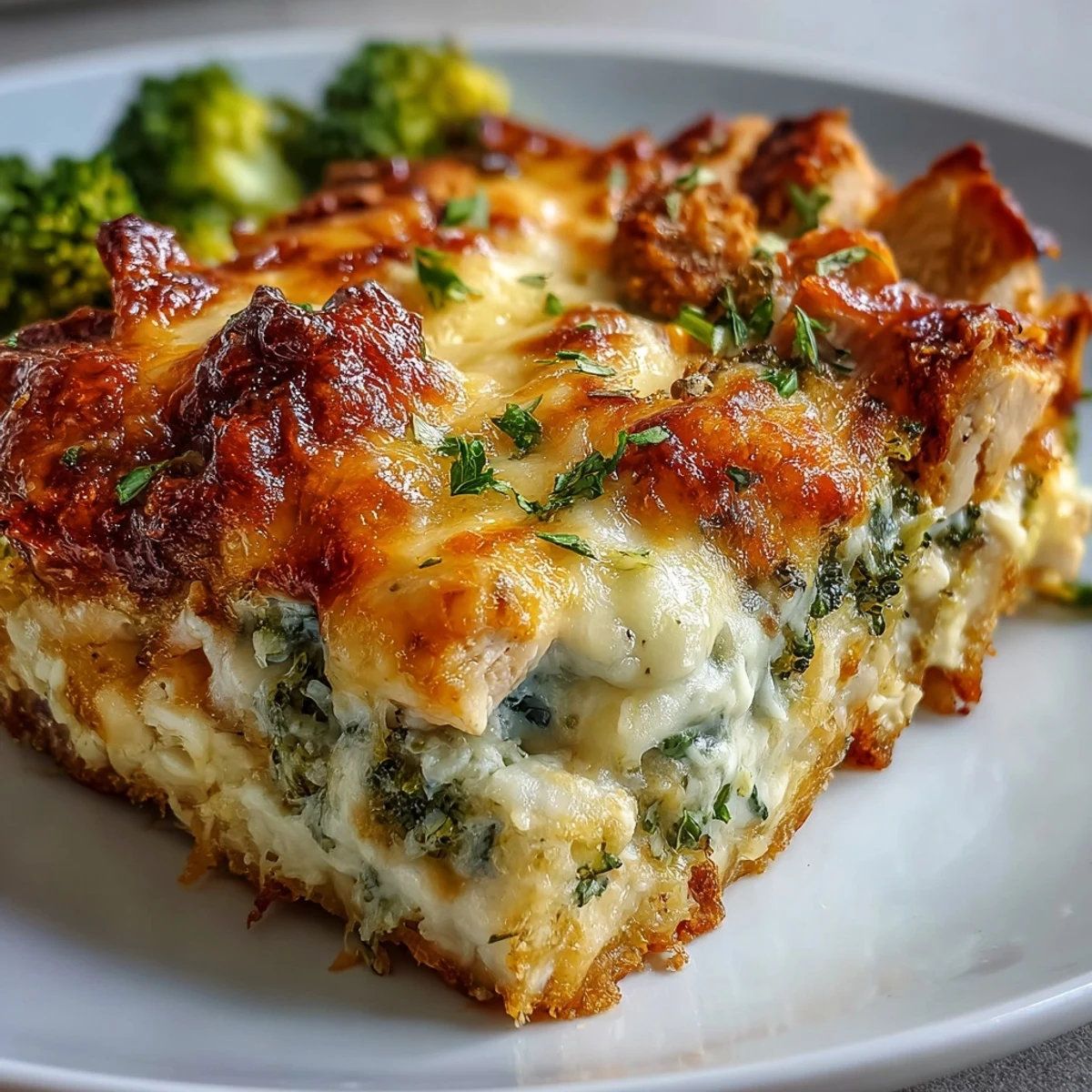 Close-up of the Keto Creamy Chicken and Broccoli Casserole showing a creamy, cheesy texture ready to serve.