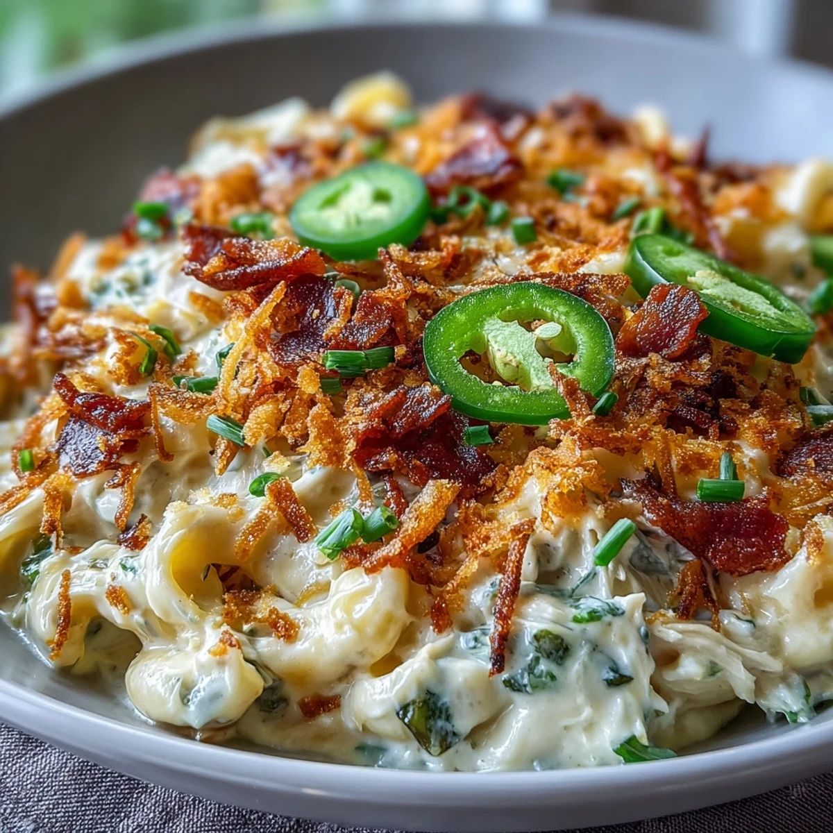 A bowl of Creamy Jalapeño Popper Chicken Pasta garnished with crispy bacon, fresh jalapeño slices, and herbs.