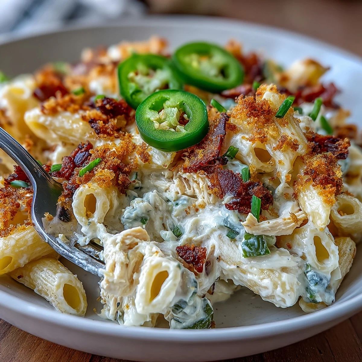 Creamy Jalapeño Popper Chicken Pasta served in a skillet with melted cheddar sauce and toasted panko topping.